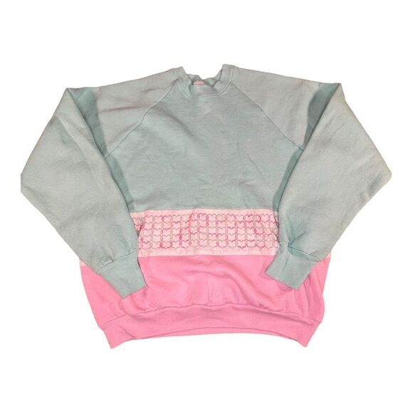 Vintage 90s crewneck sweater dopamine colorblock embroidered large pink - Picture 2 of 11